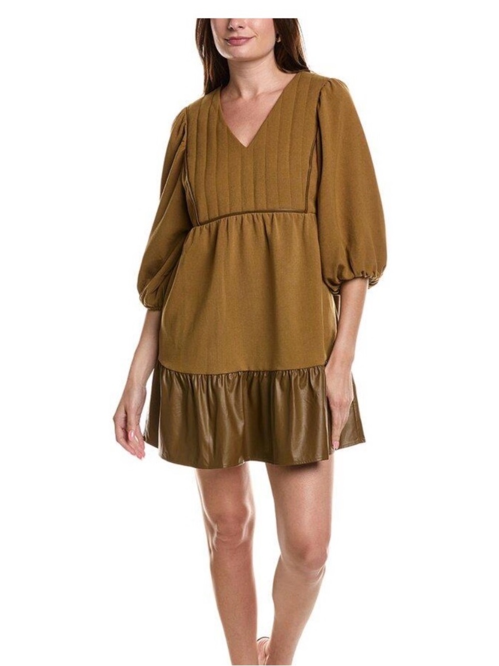 Crosby Addison Olive Green Quilted Puff Sleeve Mini Dress | M